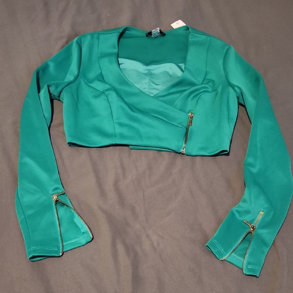 Bebe Green Cropped Shoulder Scuba Top with Zipper Accents